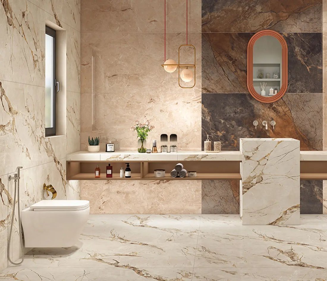Marble-look tile bathroom display
